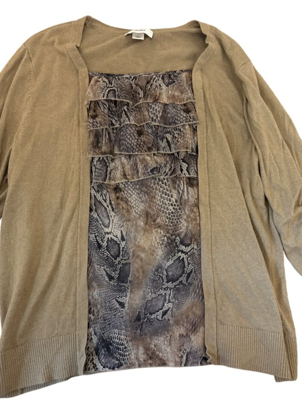 CJ Banks Sweater Top 1X Snake Print Ruffled Taupe 3/4 Sleeve Career Fall